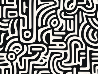 Perfectly seamless pattern, vector repeated abstract african texture. Tribal shapes background, black and white monochrome wallpaper - obrazy, fototapety, plakaty