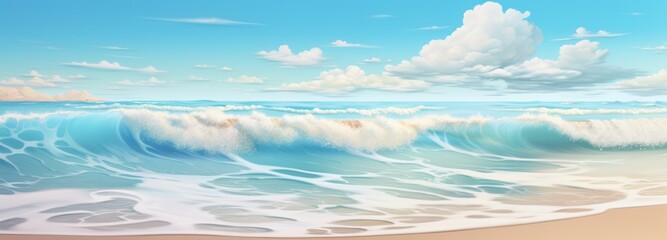 Beach scenery with blue water and bright fluffy clouds. A peaceful sandy beach is graced by the rhythmic melody of breaking ocean waves, harmonizing the vast sky creating a tranquil coastal haven