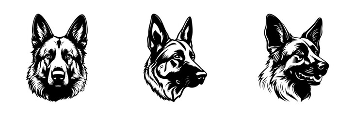 German Shepherd dog breed head vector illustration. Pet portrait in style of hand drawn black doodle on white background