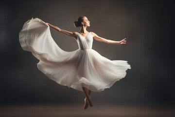 A young graceful ballerina dressed in a weightless fluffy dress demonstrates her dancing skills. Dark background, smoke. Classical ballet dance - obrazy, fototapety, plakaty