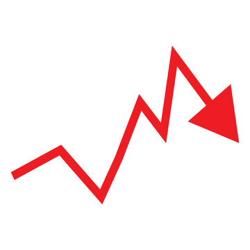 Red arrow going down stock icon on white background. Bankruptcy, financial market crash icon for your web site design, logo, app, UI. graph chart downtrend symbol.chart going down sign, eps10