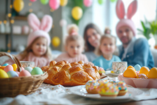 Happy family preparing for Easter. Mother, father and children having fun at home
