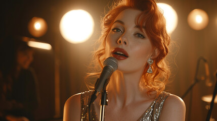 A stunning redhead with a glamorous makeup, wearing a sequin dress and a pair of earrings, standing on a stage and holding a microphone, looking at the camera with a dazzling smile. 