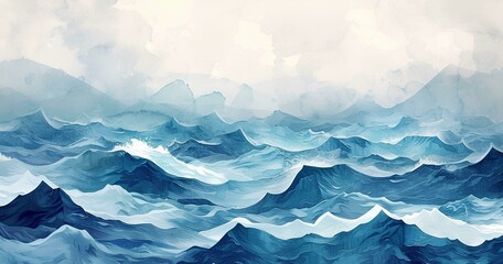 Abstract background with blue and white watercolor mountain, sea, ocean wave - Powered by Adobe