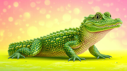 Large Green crocodile Sitting .watercolor.