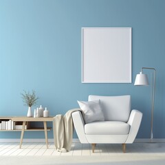 Beige armchair and mock up poster on blue wall. Interior design of modern living room