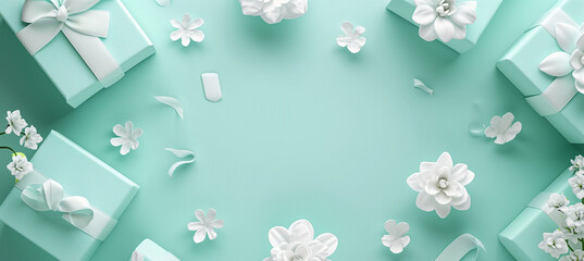 Mint color gift boxes with white flowers, perfect for special occasions