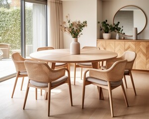 Beige chairs at big round dining table. Minimalist japandi home interior design of modern dining room