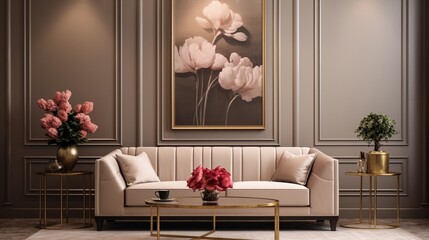 Timeless Opulence: Beige Classic Sofa and Armchair Adjacent to Brass Metal Paneling Wall in Art Deco Style Modern Living Room