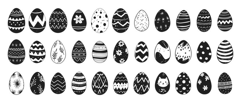 Easter eggs vector illustration. Painted chicken egg for spring holiday celebration in style of hand drawn black doodle on white background. Season silhouette sketch