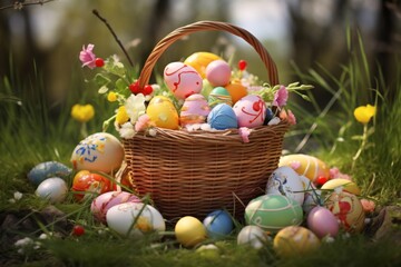 Fototapeta na wymiar A colorful Easter basket filled with painted eggs, sweets and a small Crucifix nestled in fresh spring grass, symbolizing Catholic Easter