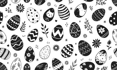Easter eggs vector seamless pattern illustration. Painted chicken egg for spring holiday celebration in style of hand drawn black doodle on white background. Repeated wallpaper