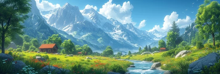 Crédence de cuisine en verre imprimé Bleu Lush meadows and towering mountains create a breathtaking summer panorama in this serene wonderland.