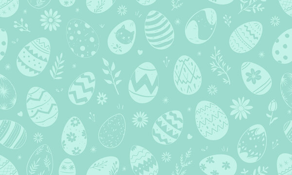 Easter eggs vector seamless pattern illustration. Painted chicken egg for spring holiday celebration in style of hand drawn doodle, blue background. Repeated wallpaper