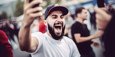 Bearded sports fan celebrates victory of favourite team walking with phone among people crowd on city street. Handsome excited guy after match