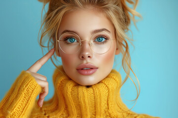 portrait of Young Woman with Blue Eyes Wearing Yellow Turtleneck looking at camera pointing her finger to Round Glasses on blue background