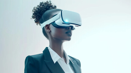 Professional african american Businesswoman Using Virtual Reality Headset on bright clear background with copy space