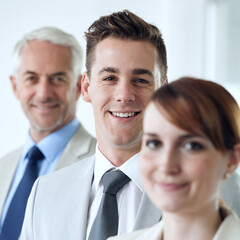 Business people, portrait and confidence for unity in workplace, cooperation and teamwork at agency. Coworkers, together and pride for company vision, corporate staff and solidarity by accountants