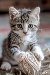 vertical image of Adorable Fluffy Kitten Playing with a Ball of Yarn on a Soft Blanket