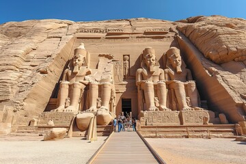 A diverse group of individuals pose together in front of a Abu Simbel, Egipt