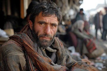Obraz premium Afghan refugee with old clothes and a tired face.