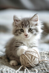 vertical image of Young Tabby Kitten Gripping a Ball of Yarn on light Background