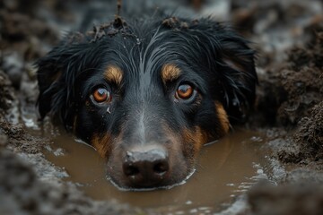 A detailed image showcasing a dog covered in mud, emphasizing its muddy fur and expression.