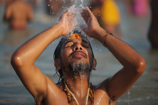 A faithful Hindu religious man takes a sacred bath in the Ganges River.