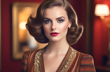 Fototapeta premium Close-up of an elegant woman with a beautiful hairstyle looking at the camera, retro style clothes of the 70s