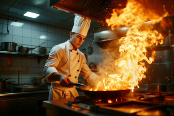 The cook cooks food in the kitchen in a large skillet with a fire in it