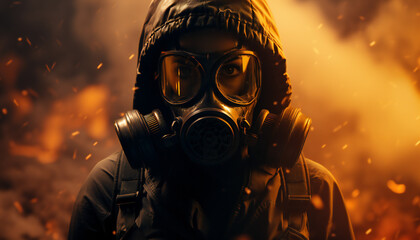 Recreation of a woman with a survival gas masks and hood in a hostile environment	 - obrazy, fototapety, plakaty