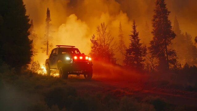 Braving the Flames: Pickup Truck Approaches Amidst Forest Fire. Generative ai