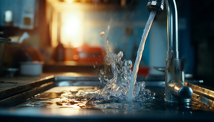 Recreation of kitchen faucet expelling water in sink - obrazy, fototapety, plakaty