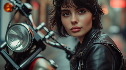 Obraz na płótnie Canvas A young female model with short black hair and brown eyes, wearing a leather jacket and jeans, posing with a motorcycle in an urban street. 
