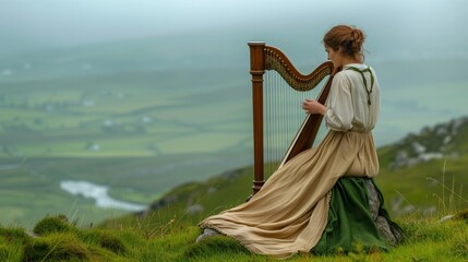 Harmonious scene of a woman in traditional Irish attire playing a harp, with the picturesque stone hills