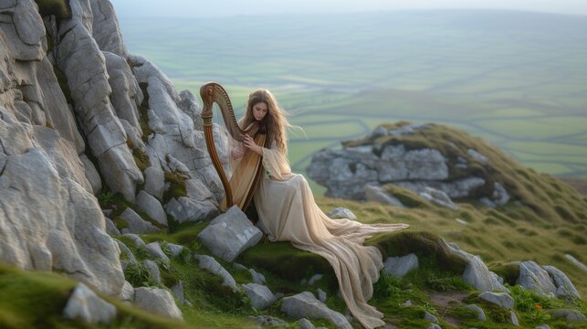Harmonious scene of a woman in traditional Irish attire playing a harp, with the picturesque stone hills