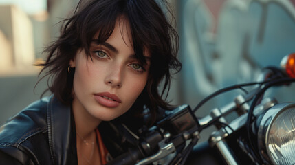 Fototapeta na wymiar A young female model with short black hair and brown eyes, wearing a leather jacket and jeans, posing with a motorcycle in an urban street. 