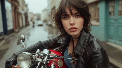 A young female model with short black hair and brown eyes, wearing a leather jacket and jeans, posing with a motorcycle in an urban street. 