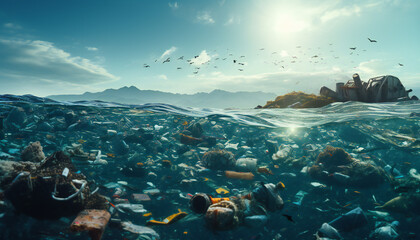 Recreation of plastics wastes and garbage underwater in the sea	