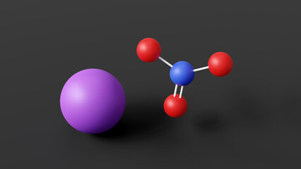 potassium nitrate molecular structure, fertilizers, ball and stick 3d model, structural chemical formula with colored atoms