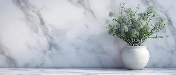 Vase and plants isolated on white marble table and white marble background with copy space, apartment or kitchen interior design