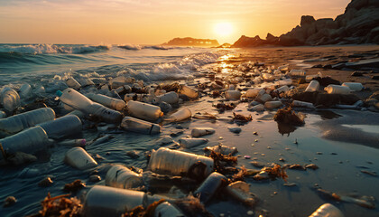 Recreation of a beach full of waste and garbages at sunset
