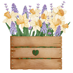 flowers in wooden crate, illustration