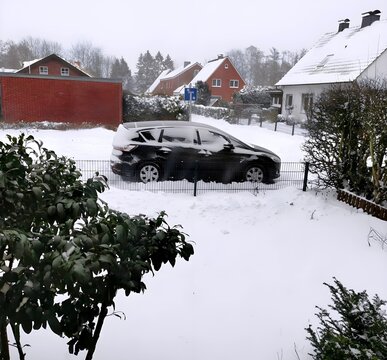 the view from the window of the room in winter to a snow-covered car, AI generated image