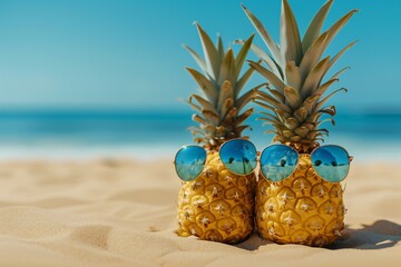Hipster pineapples couple with sunglasses on a sandy at tropical beach. empty space, banner