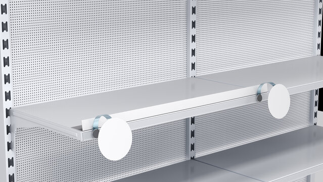 Empty supermarket shelves mockup with shelf talkers, wobblers. 3d illustration