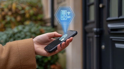 Hand with phone opens front door, smart door lock concept, smart home remote room opening NFS