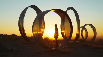 Outdoor art exhibition at sunset