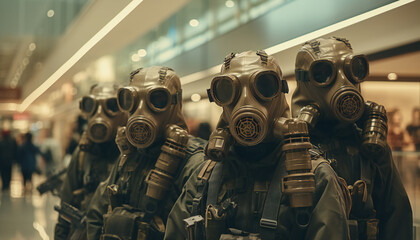 Recreation of people with gas mask and protective clothing in a mall	 - obrazy, fototapety, plakaty