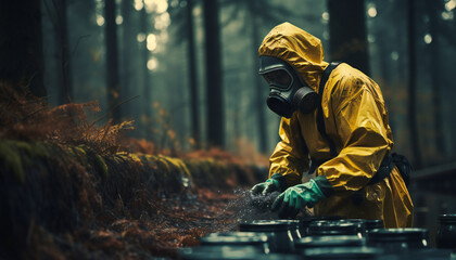Recreation of a person with gloves, protective clothing and gas mask, in a forest taking samples - obrazy, fototapety, plakaty
